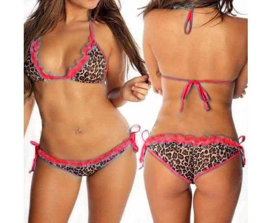 Sexy Damen Leo Leoparden Neckholder Bikini Set Badeanzug Rot Spitze Größe S/M