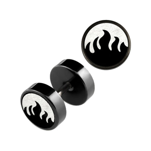 Lau Fashion 2 Stück Fake Plug Flammen Logo Ohrstecker Schwarz Black Tunnel Ohrring Cap Ø 8mm