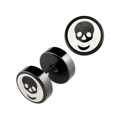 Lau Fashion 2 Stück Fake Plug Totenkopf Logo Ohrstecker Schwarz Black Tunnel Ohrring Cap Ø 8mm