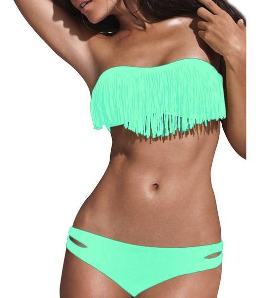 Damen Türkis Push Up Neckholder Bikini Set Cup Fransen Bandeau Badeanzug  Strand Beach Größe M/L